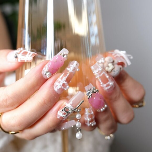 tipsy | Handmade Press On Nails | Long Coffin| 3D Nail | Crochet | Beary Pearly - Picture 12 of 16